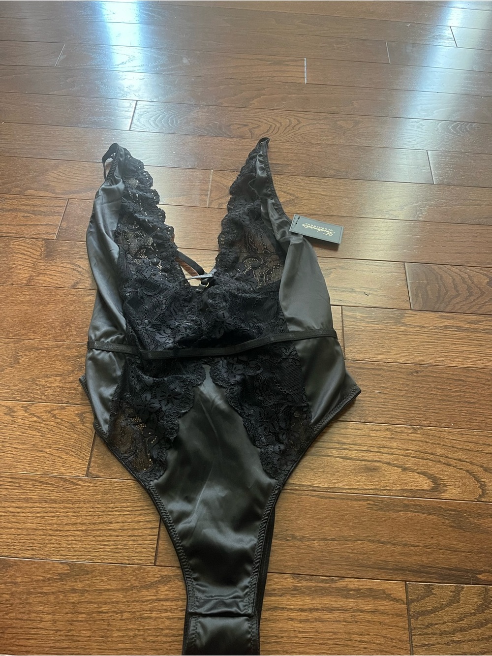 Frederick's of Hollywood Black Satin & Lace Bodysuit